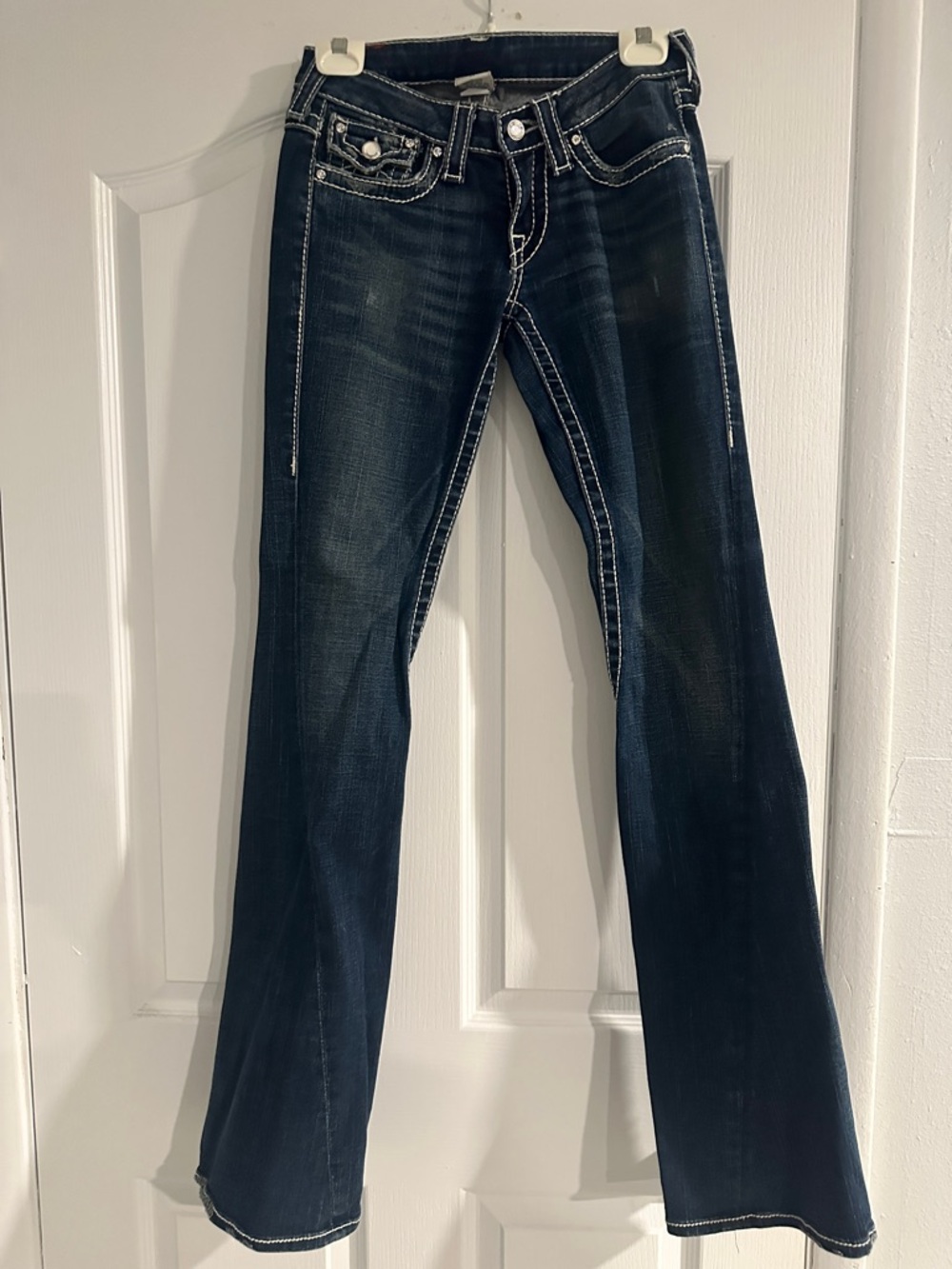 True Religion Dark Blue Flare Jeans with Contrast Stitching